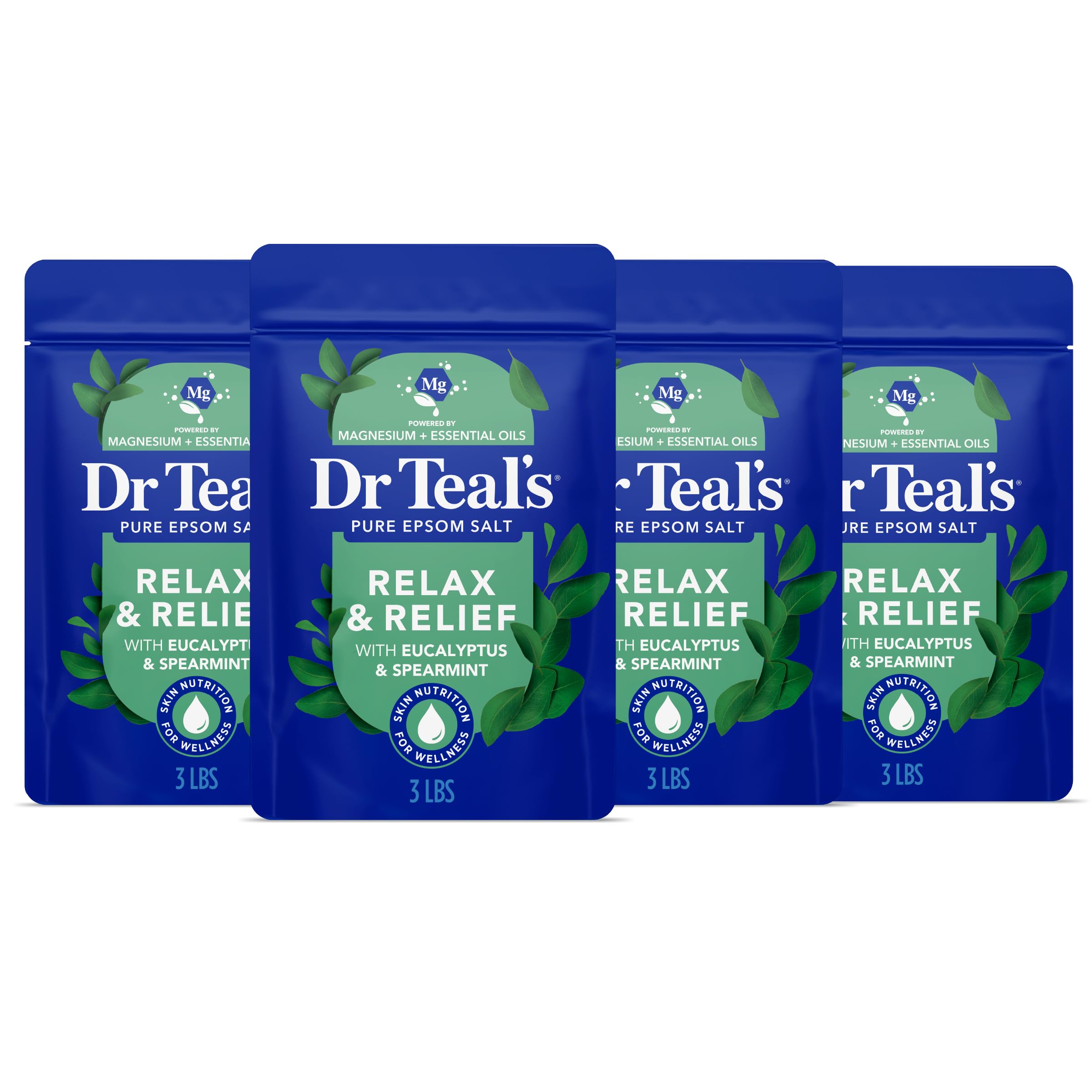 Dr Teal's Pure Epsom Salt bottle with Relax and Relief eucalyptus spearmint