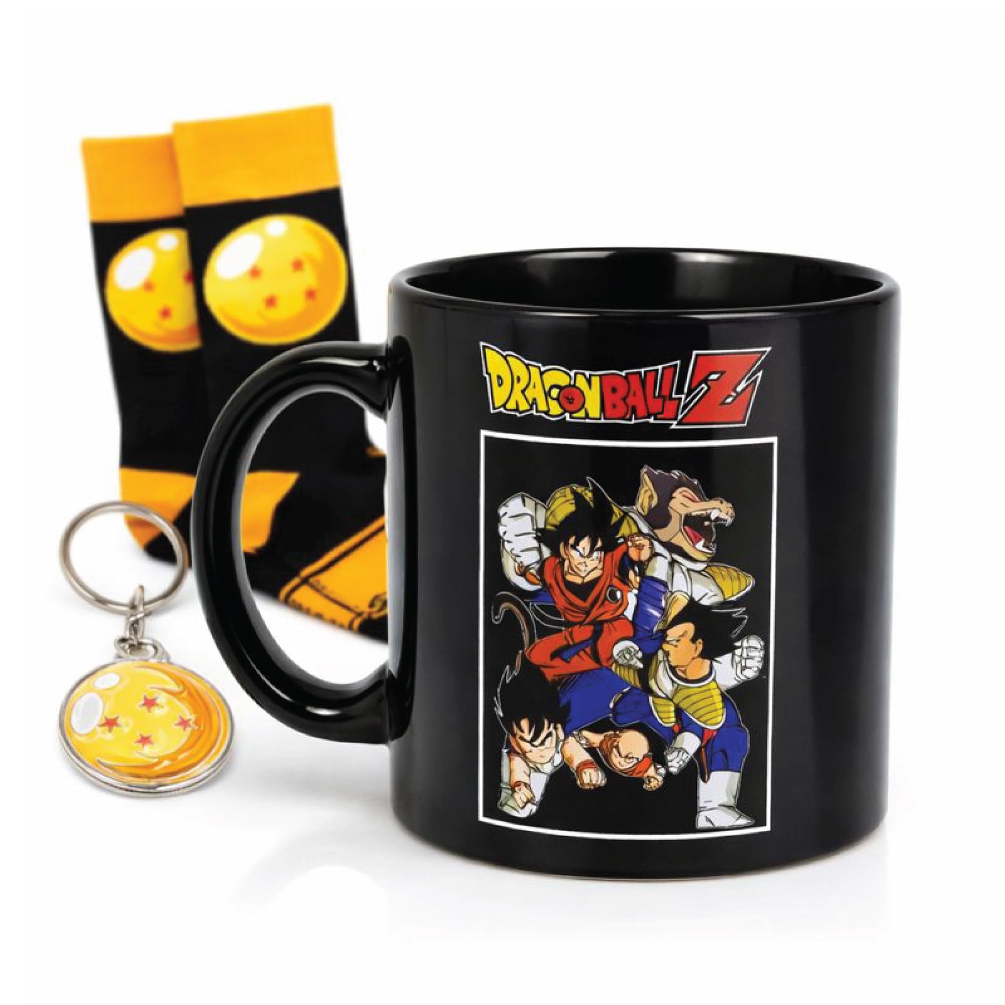 Dragon Ball Z gift set packaging featuring mug socks and keychain