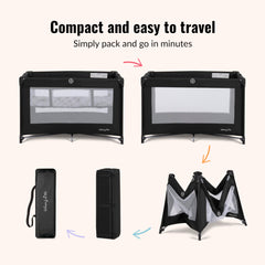 Zazzy playard folded compactly for travel with travel carry bag