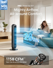 DREO Tower Fan for Bedroom side angle 28ftps velocity