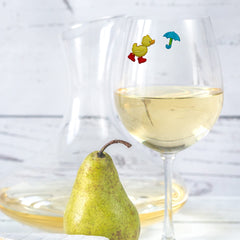 Duck themed wine glass markers with umbrellas and flowers