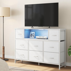 Built-in power strip and smooth glide drawers on entertainment center