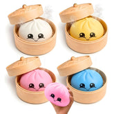 Dumpling Squishy Mystery Box four piece set packaging with white yellow pink and blue