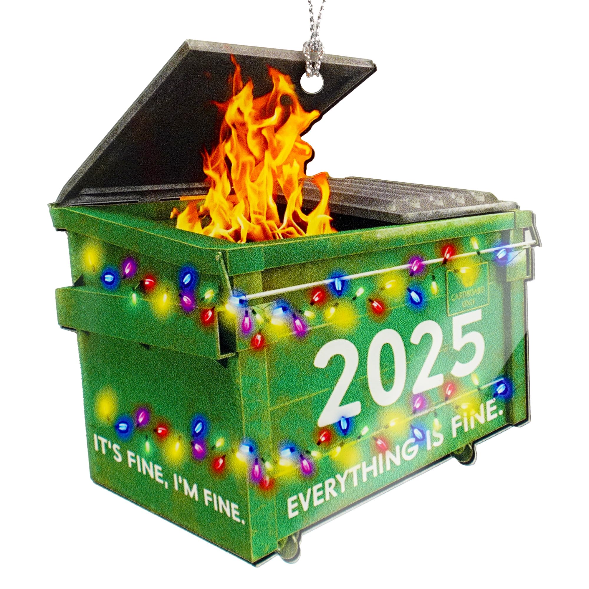 Dumpster fire Ornament displayed on a Christmas tree