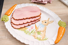 Overview of Mud Pie Easter Carrot Handle Platter size 12 1/2 x 16 inch in white stoneware