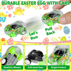 Colorful plastic eggs and toy cars for Easter
