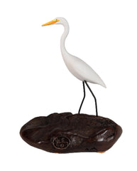 Egret sculpture John Perry on burlwood base