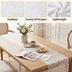 six white lace table runners displayed to show size 30x120 inches