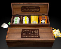 Elegant wooden tea box holds gourmet tea bags