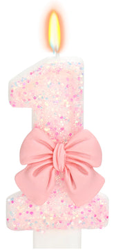 Elekfx pink bow number 1 birthday candle on cake