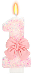 Elekfx pink bow number 1 birthday candle on cake