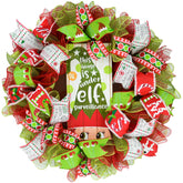 Elf Surveillance Wreath 24 inch round with red white lime green mesh