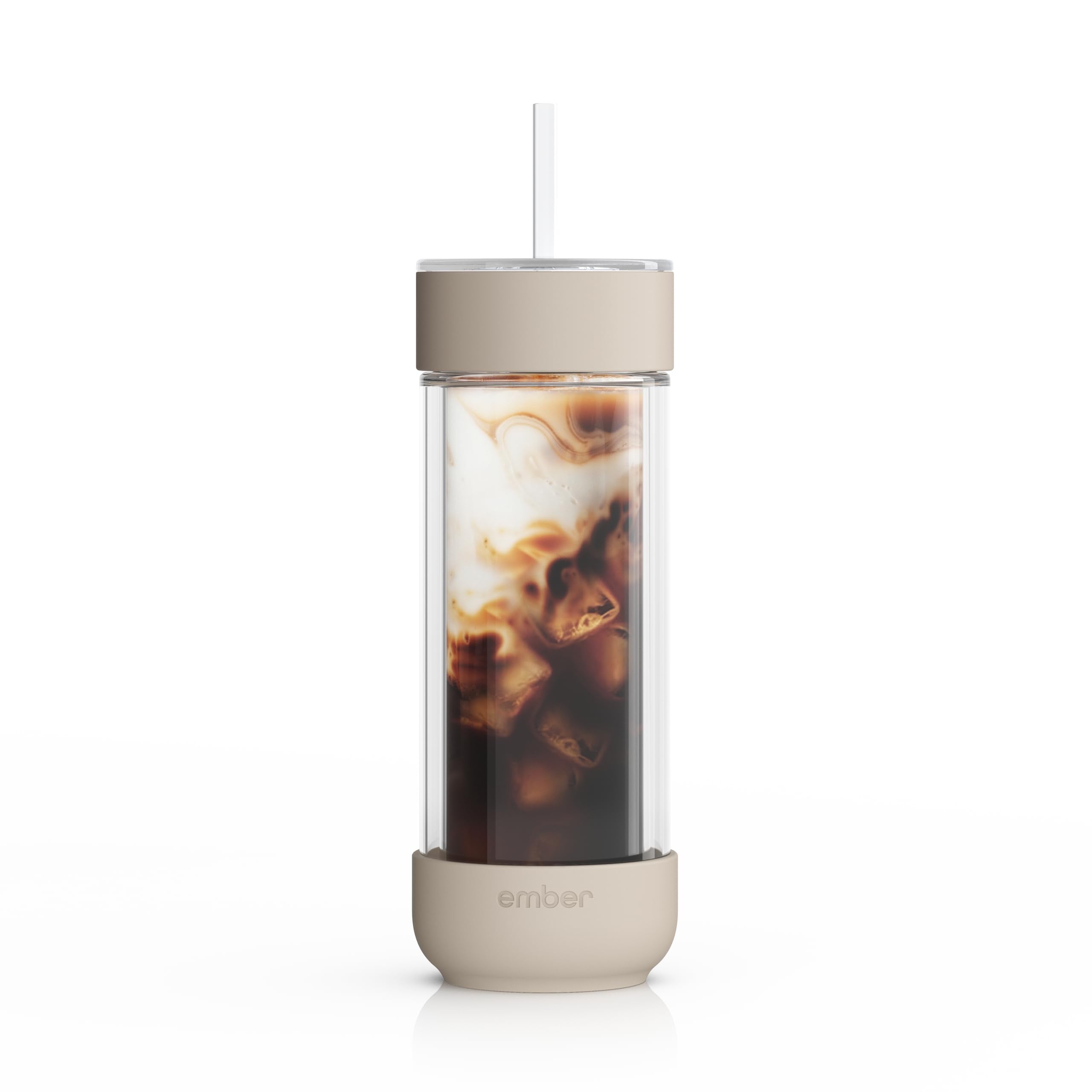 Ember Cold Tumbler 16oz sandstone with borosilicate insulated glass exterior