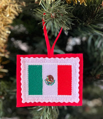 Lightweight felt ornament with Mexico flag embroidery and ribbon hanger