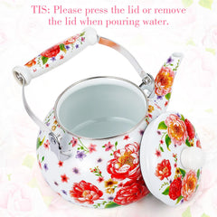 Enamel on steel tea kettle with ceramic handle for stovetop use