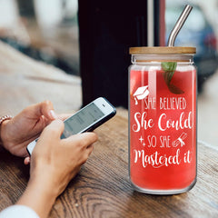 Glass cup with bamboo lid and stainless straw