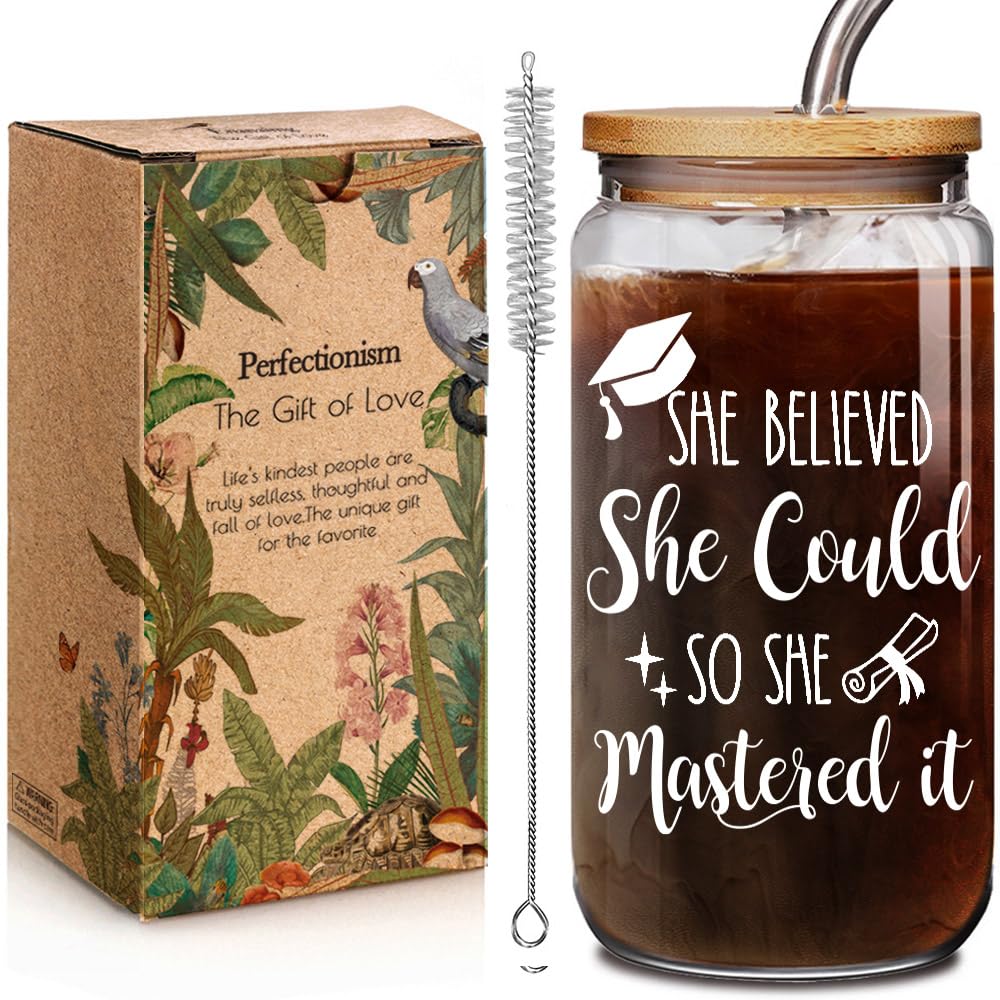 Enanaimg glass cup 16oz with lid and straw