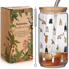 Enanaimg 16oz cat themed glass cup with lid