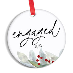 Engaged 2023 Christmas Ornament ceramic with red ribbon