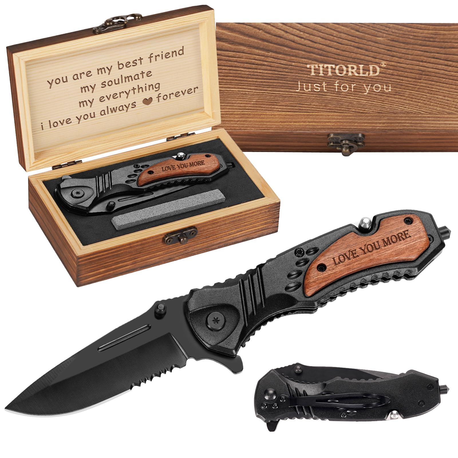 Engraved pocket knife with wooden handle and wood box