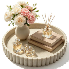Erthskda round decorative tray beige finish on coffee table