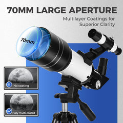 70mm aperture telescope with 3 eyepieces for beginners
