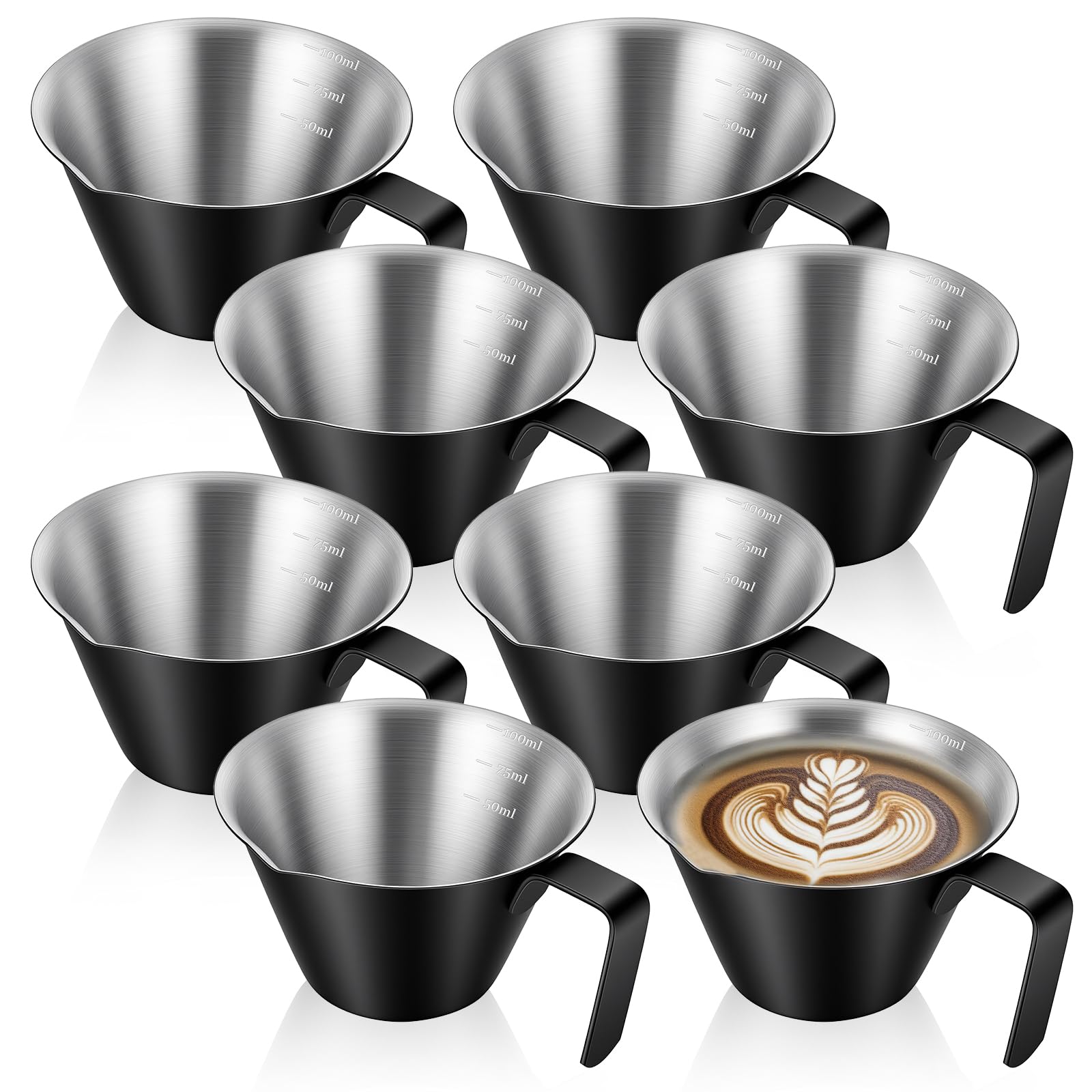 Eight pack stainless steel espresso measuring cups with 100ml capacity