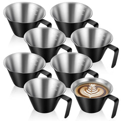 Eight pack stainless steel espresso measuring cups with 100ml capacity