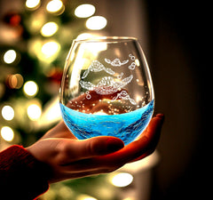 Close up of etched sea turtles design on wine glass