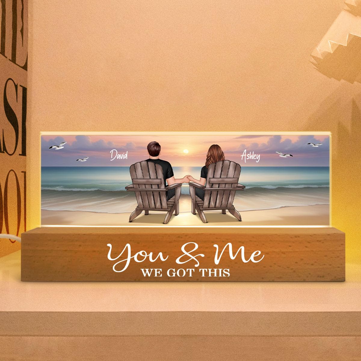 Eternal Sunset Beach Couple night light acrylic plaque on wood base