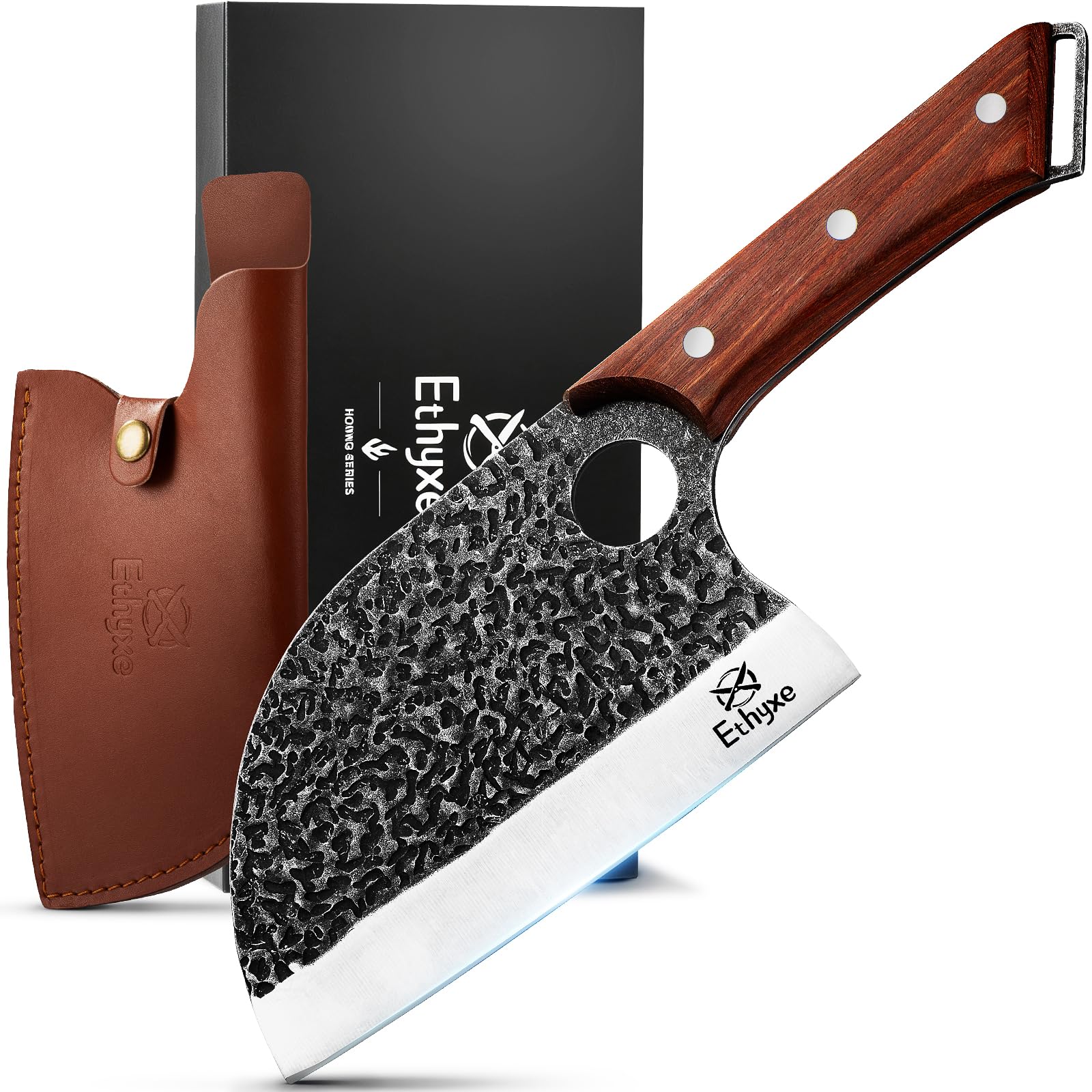 Ethyxe Serbian Chef Cleaver Knife with leather sheath product photo