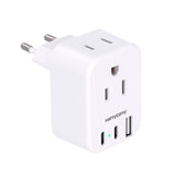 European travel plug adapter with 2 US outlets and 3 USB ports