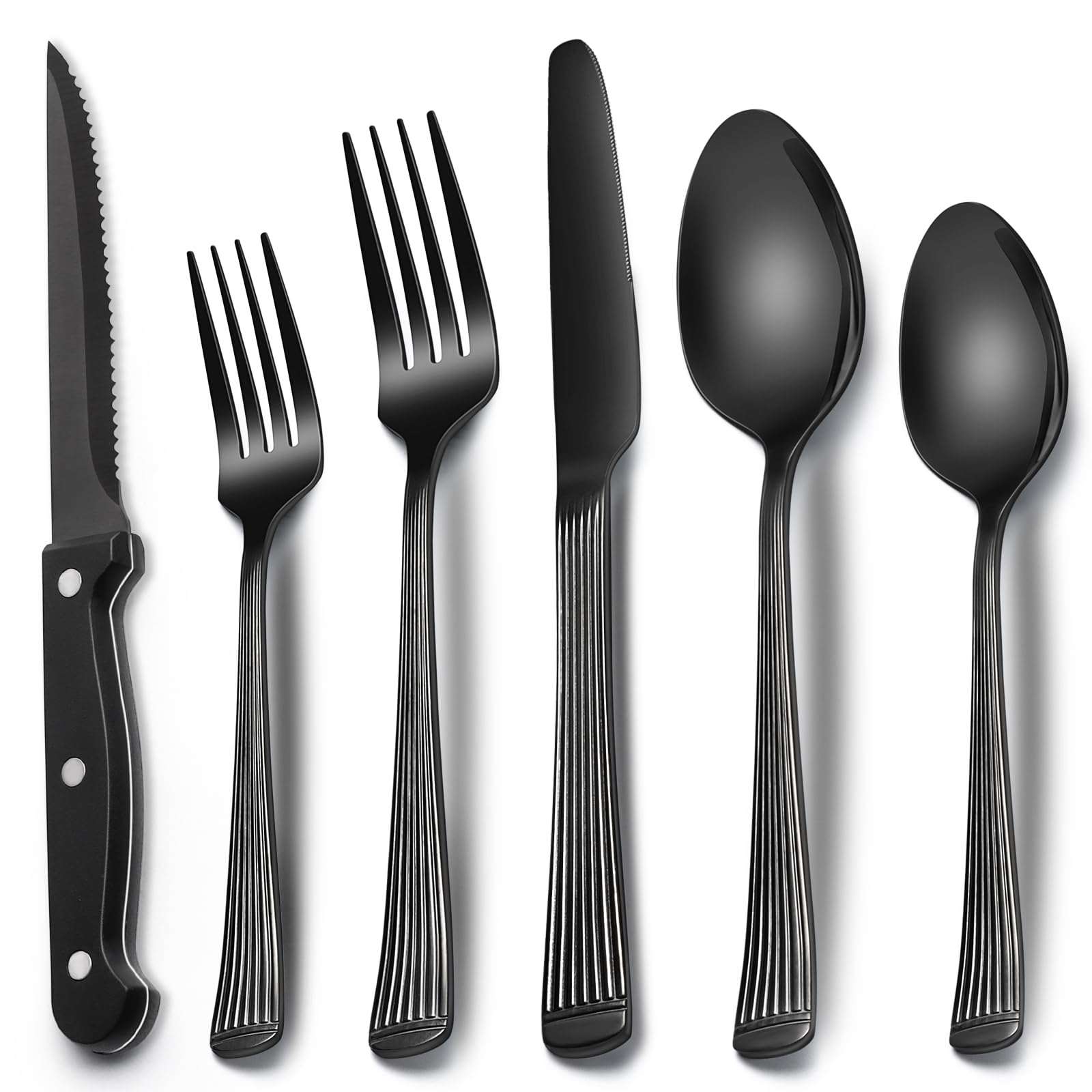 EWFEN 24-Piece Black Silverware Set with Steak Knives for 4