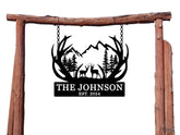 EXUNART personalized last name sign with deer for cabin decor