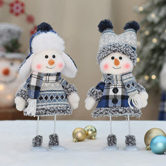 Fabric snowmen wearing blue knit clothing decorative dolls