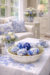 Hand-cut fabric wrapped Easter eggs with unique blue white patterns