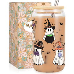 Fairy's Gift Witch Ghost Halloween Cup 16 oz glass tumbler with lid