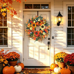 Fall door wreath featuring sunflowers and pumpkins for front door decor