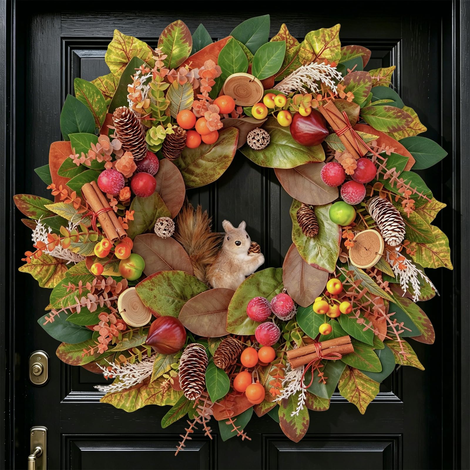 Fall wreath for front door 24 inch with plush squirrel centerpiece