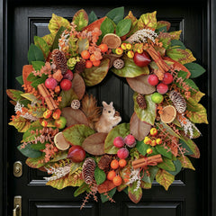 Fall wreath for front door 24 inch with plush squirrel centerpiece