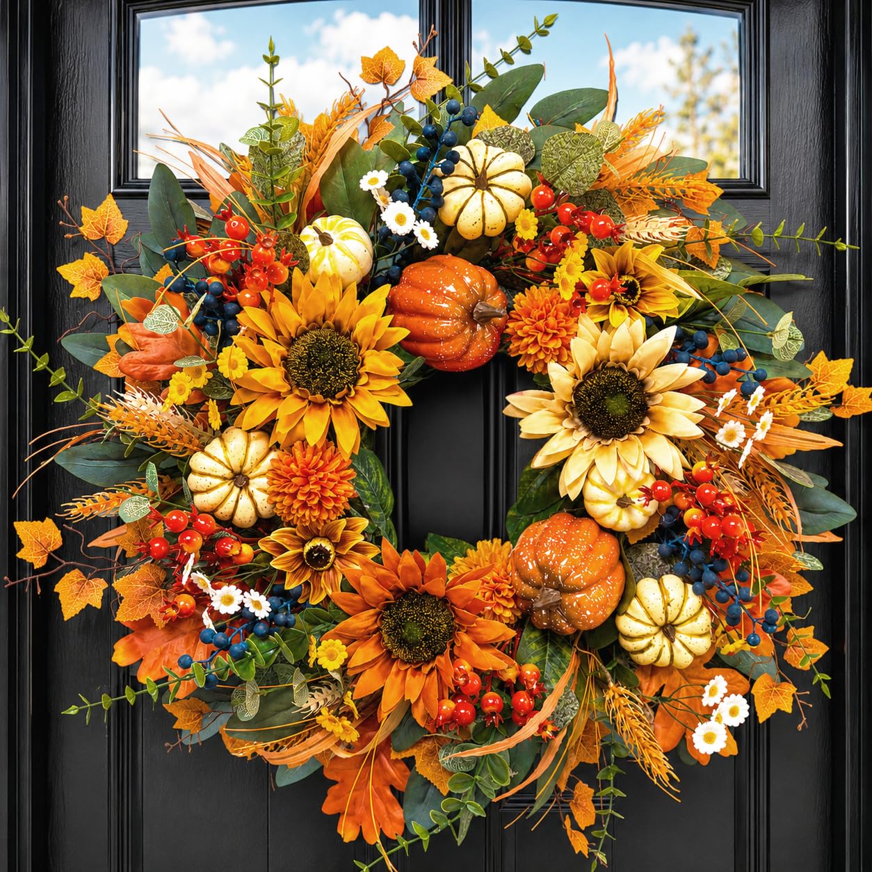 24 inch fall wreath front door with sunflowers and pumpkins