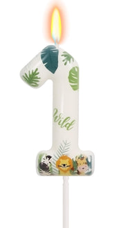 FamGift Wild Animal Number 1 Birthday Candle green leaves and animal illustrations