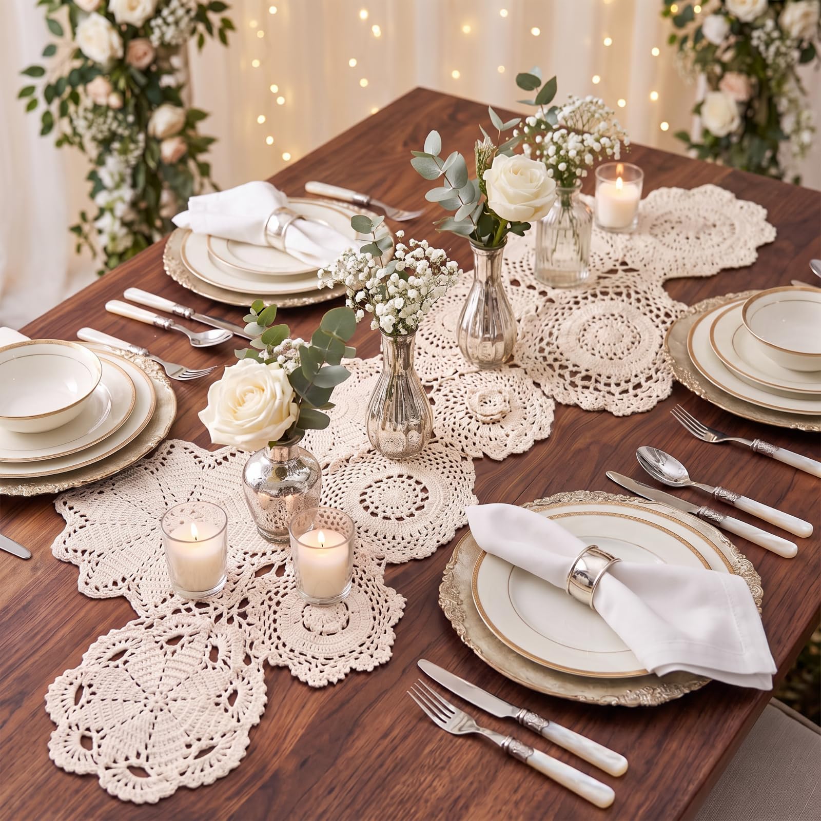 Fanfanwin beige crochet lace table runner with patchwork floral doilies