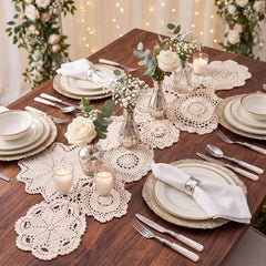 Fanfanwin beige crochet lace table runner with patchwork floral doilies
