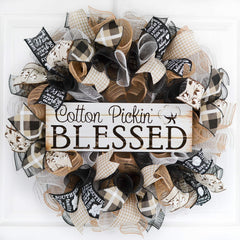 Farmhouse Cotton Pickin Blessed Wreath with black white burlap ribbons