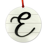 Farmhouse Monogram Ornament Letter E front view with white shiplap
