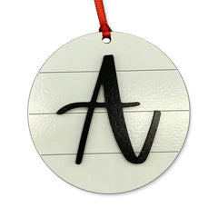 Farmhouse Monogram Ornament Letter A wood shiplap with red ribbon