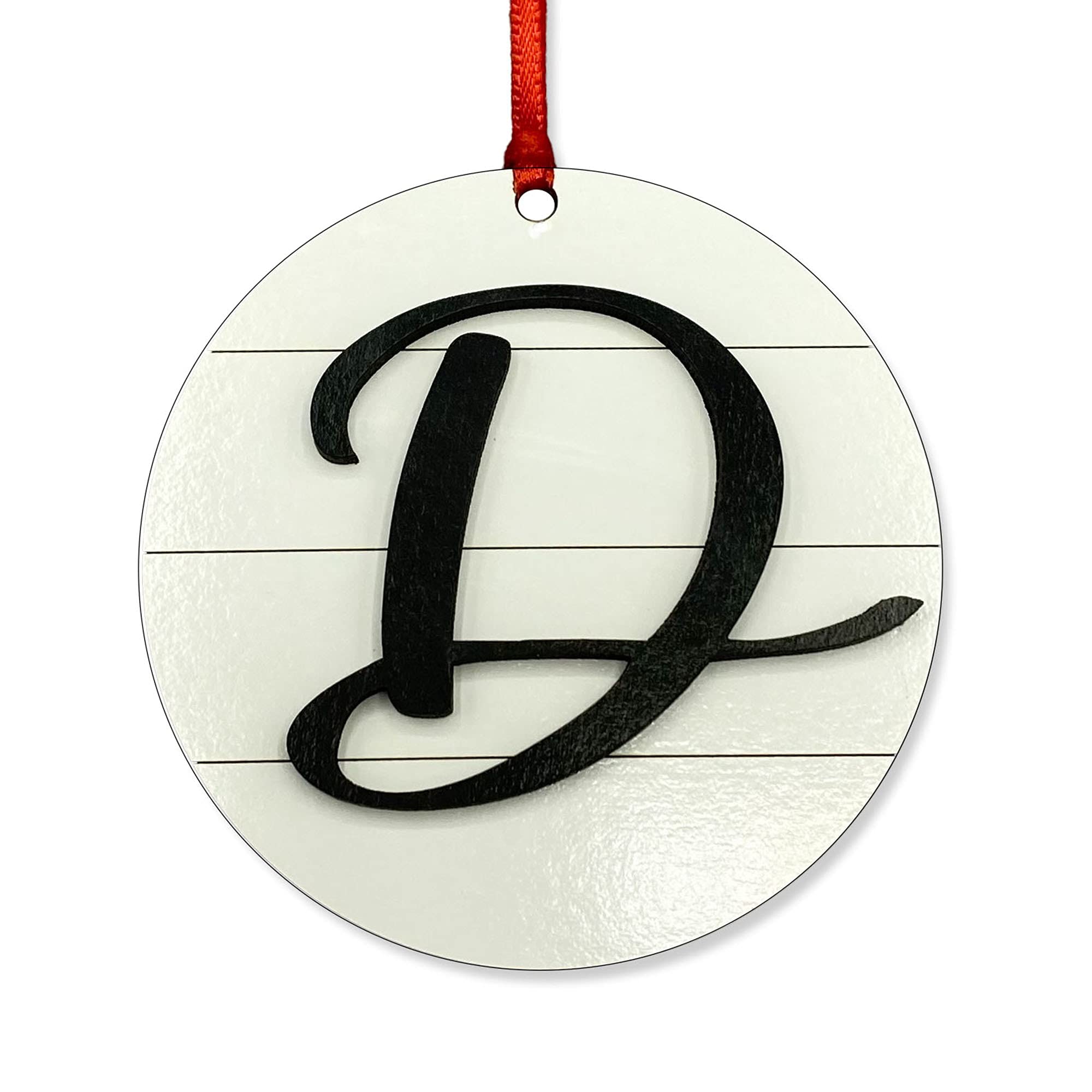 Farmhouse Monogram Ornament Letter D front view with red ribbon