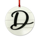 Farmhouse Monogram Ornament Letter D front view with red ribbon