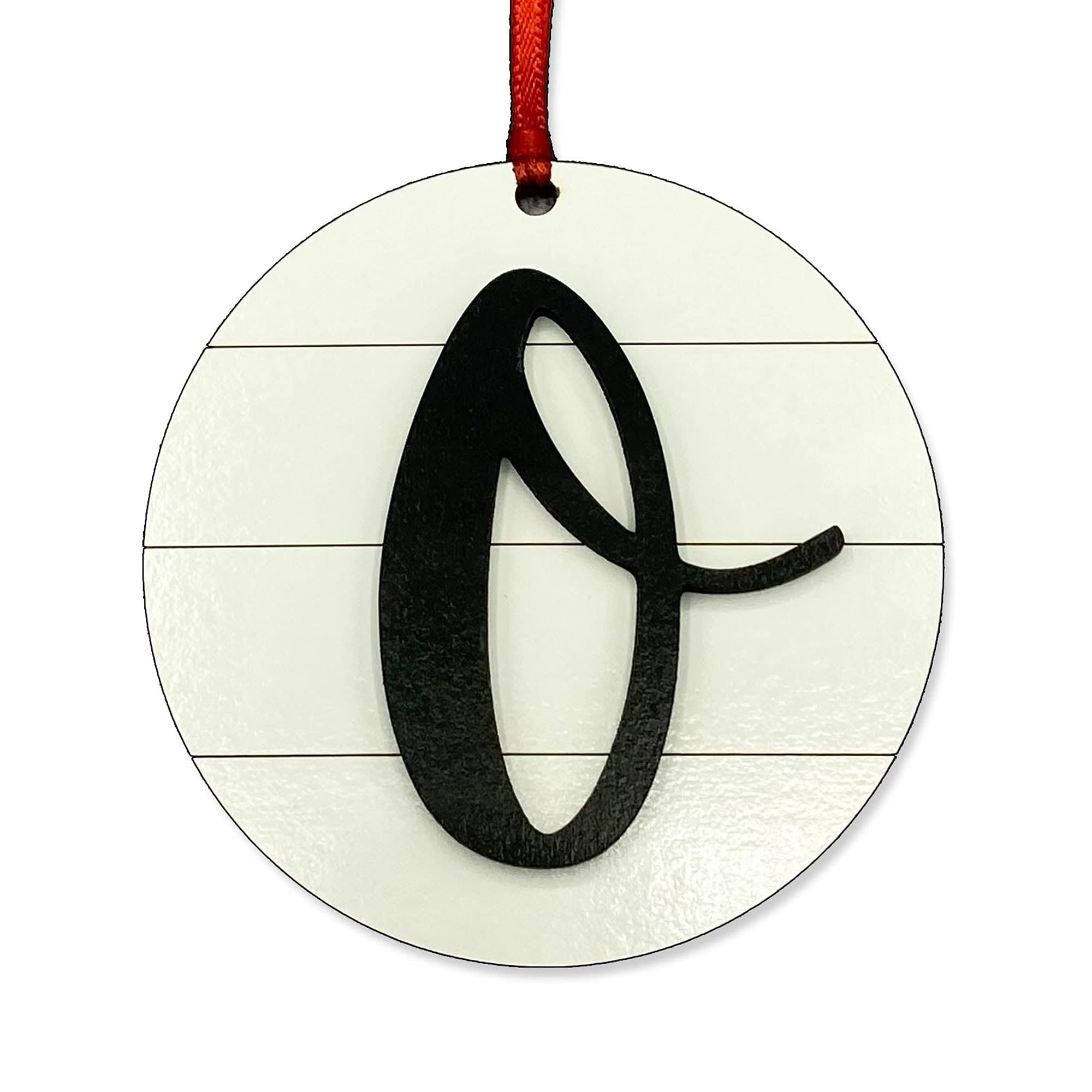 Farmhouse Monogram Ornament Letter O wood shiplap front view with red ribbon